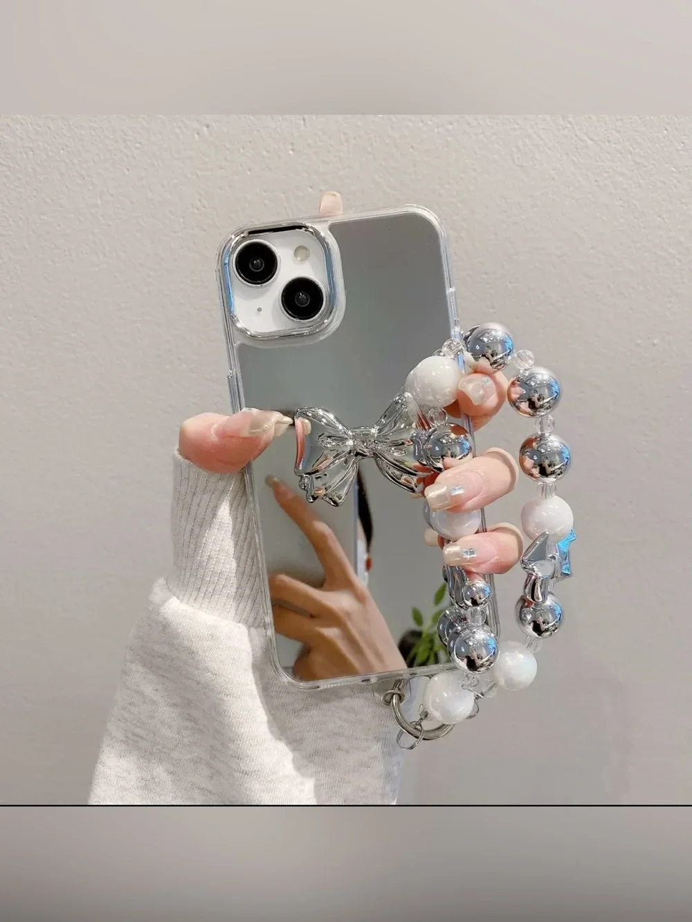 Mirror Bow iPhone 17 Pro Max Case with Beaded Wrist Strap